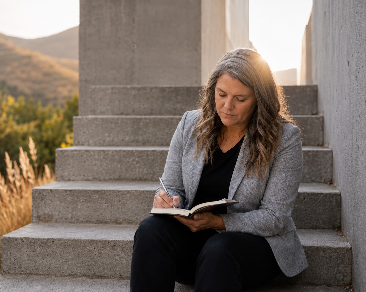 Amee Hardy writing in a notebook, seated on concrete steps in afternoon light