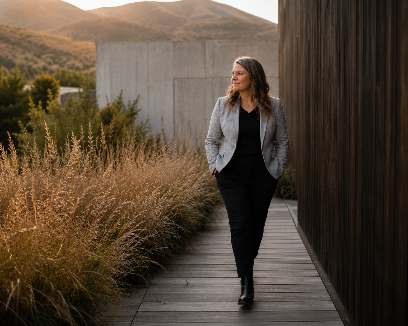 Figure walking on a wooden boardwalk through ornamental grasses at golden hour