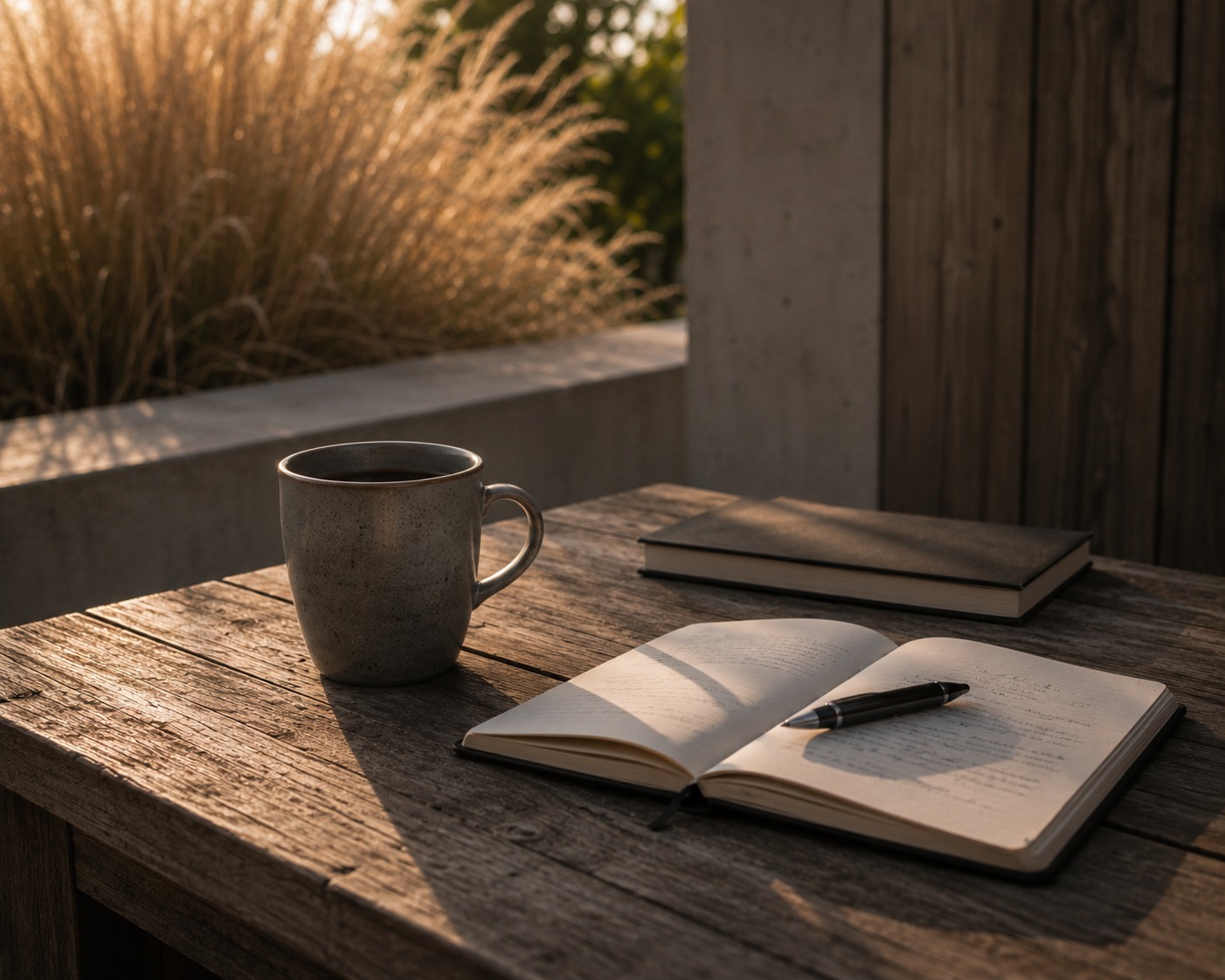 A closed notebook with a pen at rest, beside a coffee cup on a soft wool throw